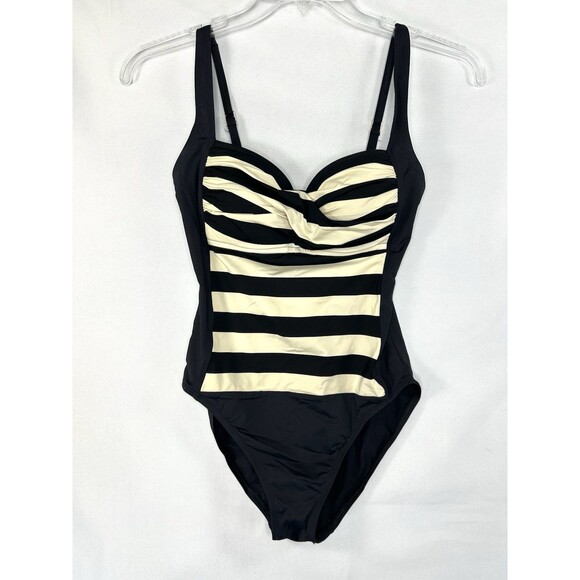 La Blanca One Piece Swimsuit Classic Black  Beige Striped Sweetheart Cup Sz 6 - Picture 1 of 7